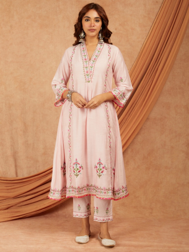 Peach Chanderi Aari Embroidery Kurta with pants- set of 2