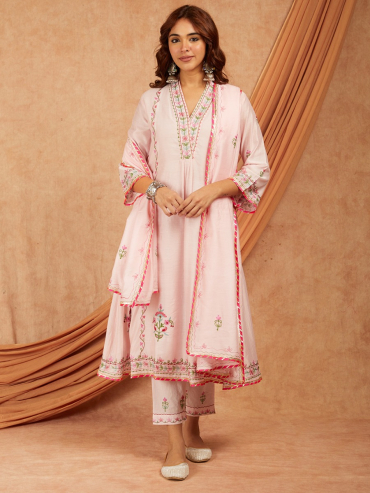 Peach Chanderi Aari Embroidery Dupatta