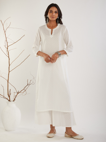 White Round-Neck Cotton Dobby Kurta with Pants - Set of 2