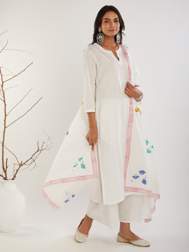 Off-White Cotton Dupatta with Multi Color Block Printed