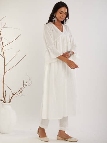 White V-Neck Cotton Dobby Kurta with Pants - Set of 2