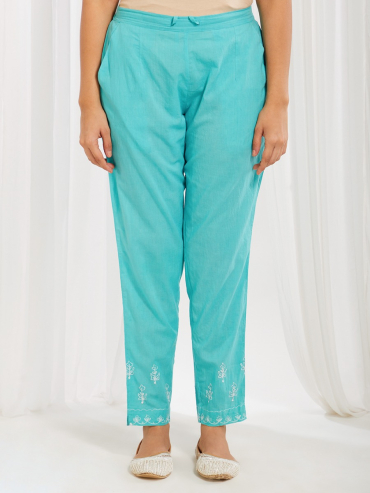 Sky Blue Aari Embroidered Cotton Pants