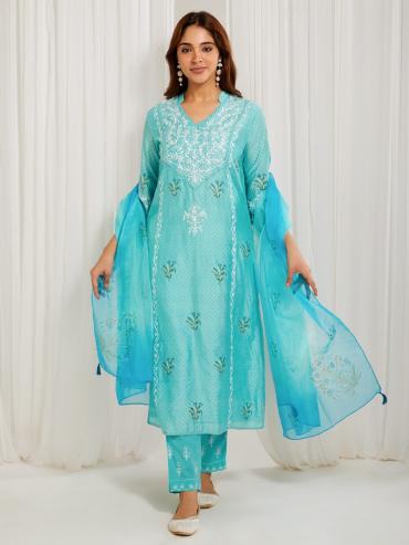 Sky Blue Aari Embroidered Chanderi & Printed V-Neck Kurta