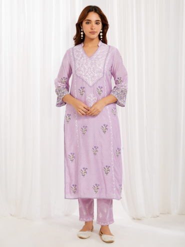 Purple Aari Embroidered Chanderi & Printed Kurta with Pants Set of 2 