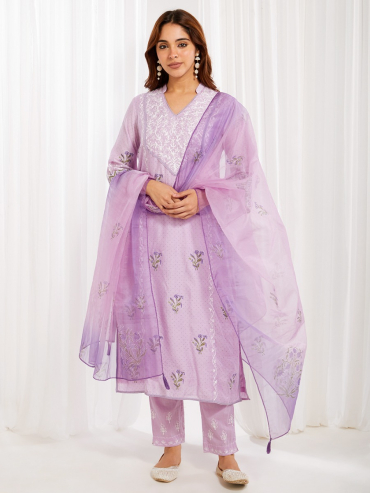 Purple Tie-Dye and Hand Block Printed Organza Dupatta