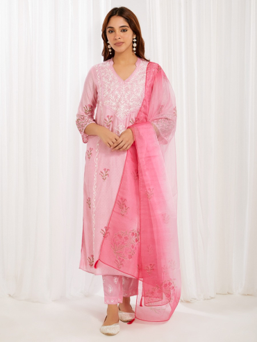 Pink Tie-Dye and Hand Block Printed Organza Dupatta