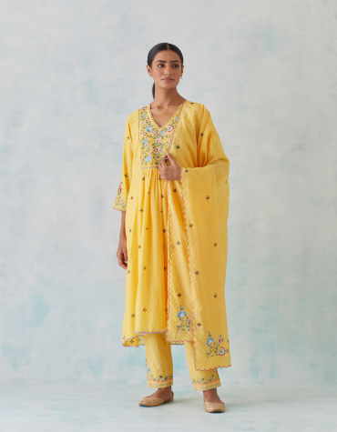 Yellow Hand Block Printed, V-Neck Chanderi Kurta with Embroidered Cotton Pant & Printed Chanderi Dupatta Set of 3