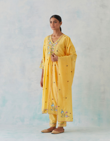 Yellow Embroidered And Hand Block Printed Dupatta