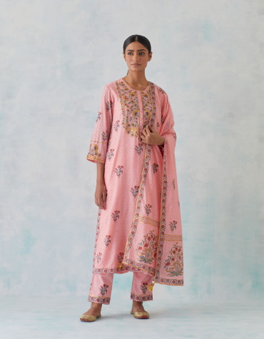 Pink Hand Block Printed Chanderi Dupatta with Gota Details