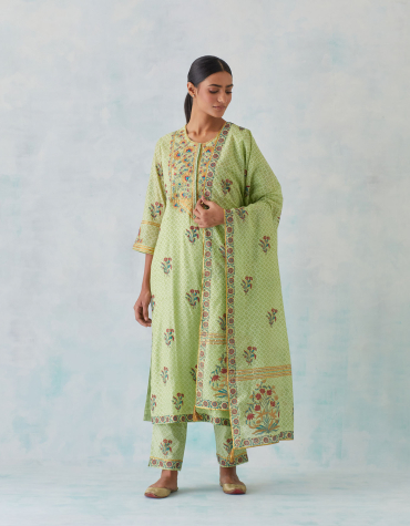 Green Hand Block Printed Chanderi Dupatta with Gota Details