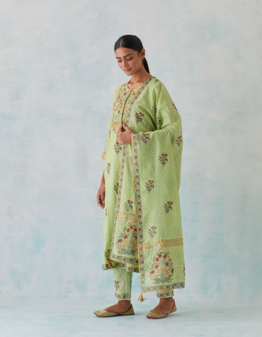 Green Hand Block Printed Chanderi Dupatta with Gota Details