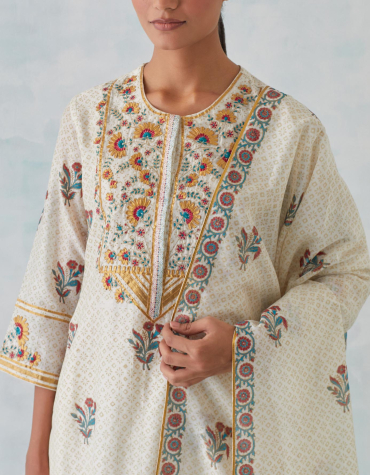 White Gota Embroidered, Round Neck Front Placket Chanderi Kurta