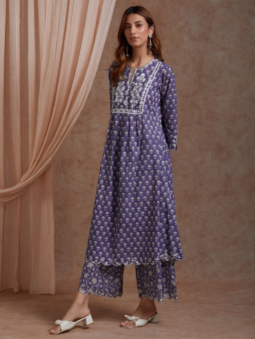 Purple Mirror Embroidered & Hand Block Printed Cotton Front Pleated Round Neck Kurta