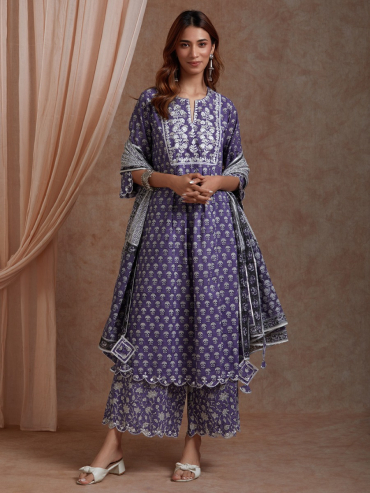 Purple Mirror Embroidered & Hand Block Printed Cotton Front Pleated Round Neck Suit- Set of 3