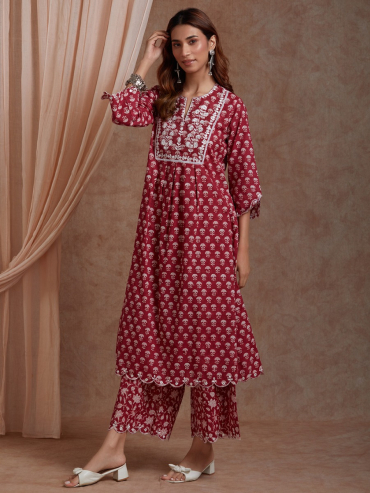 Red Mirror Embroidered & Hand Block Printed Cotton Front Pleated Round Neck Kurta