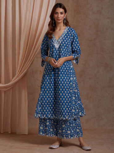 Blue Mirror Embroidered & Hand Block Printed Cotton V-Neck Kurta