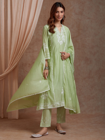 Green Aari embroidery Chanderi Round Neck Kurta