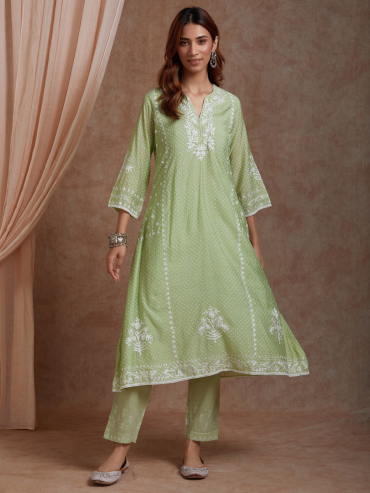 Green Aari embroidery Chanderi Round Neck Kurta