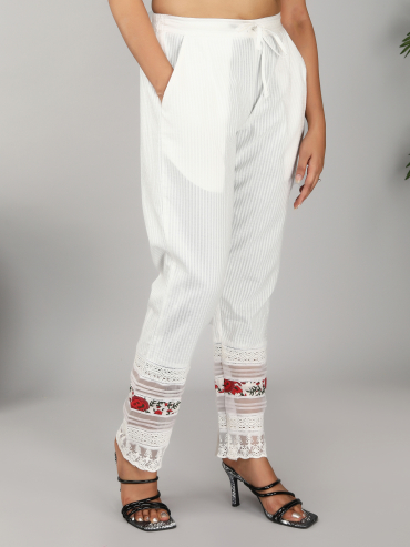 Off-White Red Hand Block Printed Tie-Up Waist Elasticated Cotton Dobby Pant