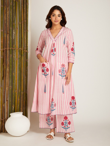 Pink Hand Block Printed V-Neck Cotton Kurta with Pants - Set of 2