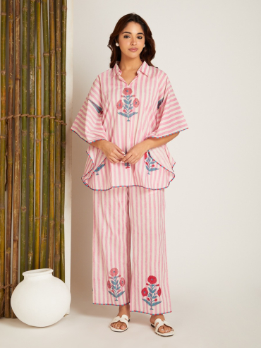 Pink Hand Block Printed Cotton Kaftan with Pants - Set of 2