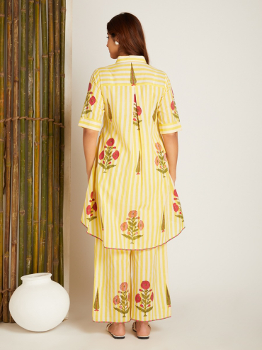 Yellow Hand Block Printed Cotton High-Low Co- Ord Set - Set of 2