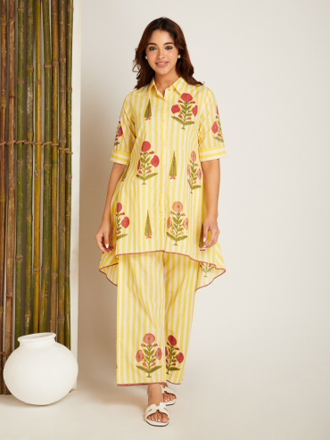 Yellow Hand Block Printed Cotton High-Low Co- Ord Set - Set of 2