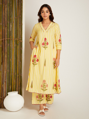 Yellow Hand Block Printed V-Neck Cotton Kurta with Pants - Set of 2