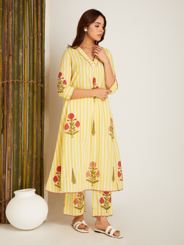 Yellow Hand Block Printed V-Neck Cotton Kurta with Pants - Set of 2