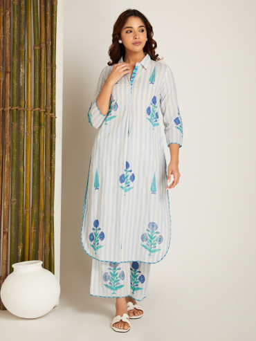 Blue Hand Block Printed Cotton Collar Kurta with Pants - Set of 2