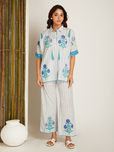 Blue Hand Block Printed Cotton Kaftan with Pants - Set of 2