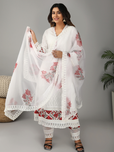 Off-White Red Hand Block Printed Organza Dupatta