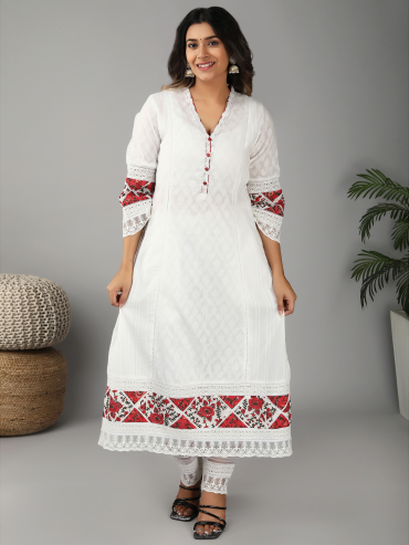 Off-White Red Hand Block Printed Cotton Dobby V-Neck Kurta