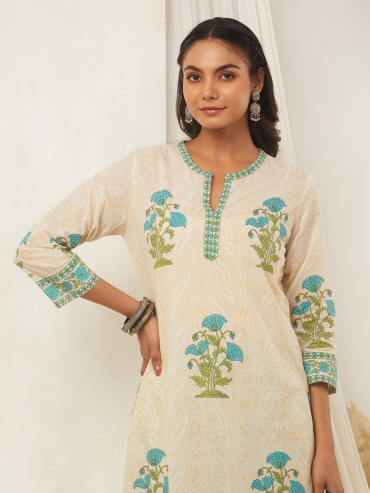 Off-White Green Hand Block Printed Cotton Kurta