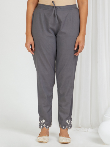 Grey Embroidered Cotton Pants