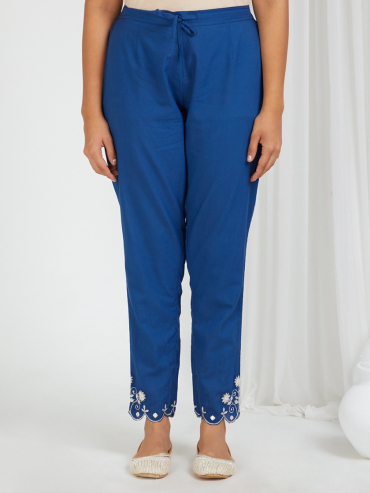 Blue Embroidered Cotton Pants