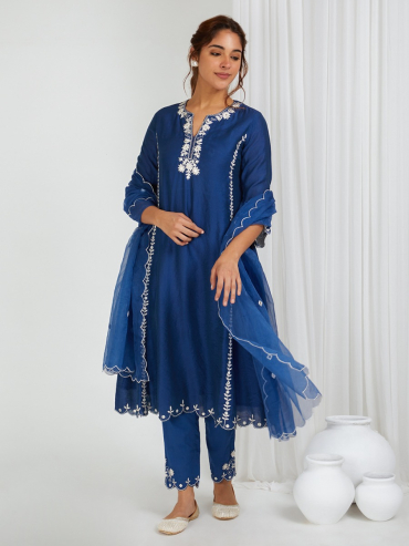 Blue Embroidered Organza Dupatta