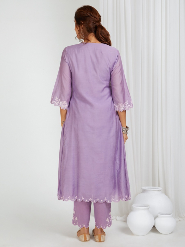 Lilac Embroidered Round Neck Chanderi Kurta with Pant- Set of 2