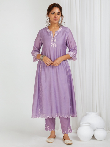 Lilac Embroidered Round Neck Chanderi Kurta with Pant- Set of 2