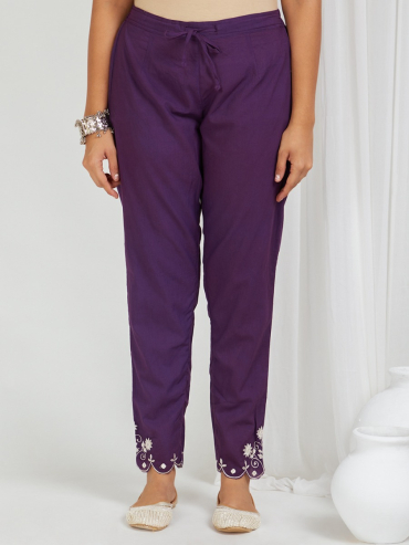 Purple Embroidered Cotton Pants