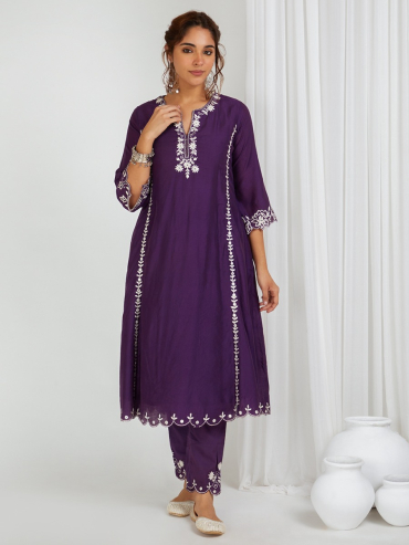 Purple Embroidered Round Neck Chanderi Kurta with Pant- Set of 2