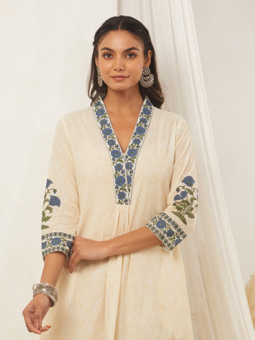 Off-White Blue Hand Block Printed Cotton Front Gather Kurta