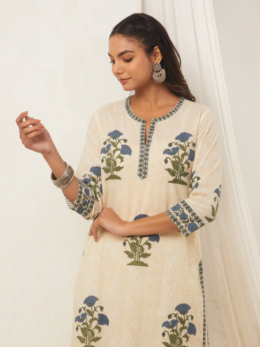 Off-White Blue Hand Block Printed Cotton Kurta