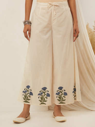 Off-White Blue Hand Block Printed Cotton Palazzo