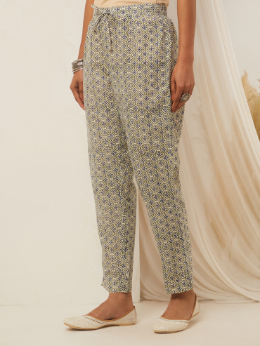 Off-White Blue Hand Block Printed Cotton Pant