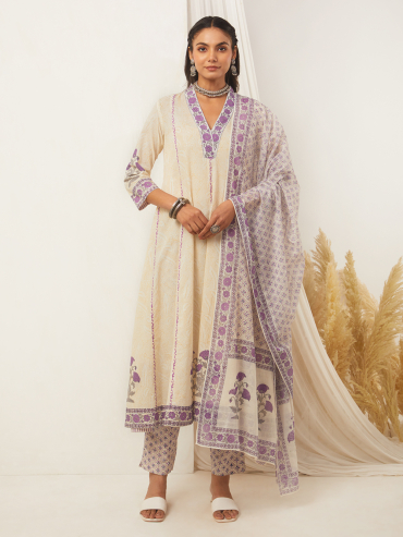 Off-White Purple Hand Block Printed Cotton Anarkali V-Neck Suit Set of 3