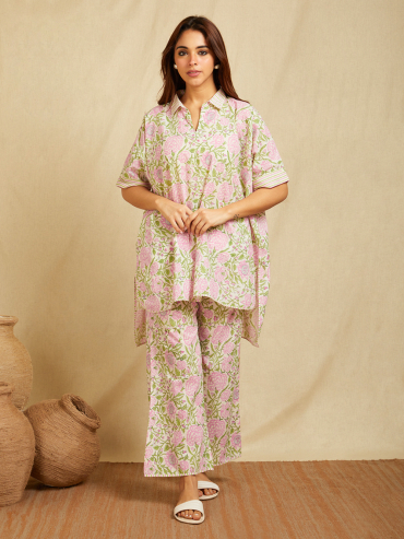 Off-White Pink Hand Block Printed Cotton High-Low Kaftan Co- Ord Set - Set of 2