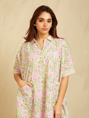 Off-White Pink Hand Block Printed Cotton High-Low Kaftan Co- Ord Set - Set of 2