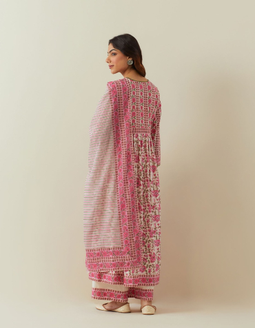 Off-White Pink Hand Block Printed Cotton Gathered Kurta & Palazzo-Set of 2