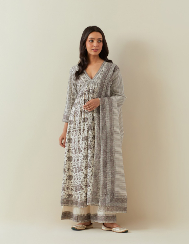 Off-White Grey Hand Block Printed Cotton Gathered Kurta & Palazzo-Set of 2